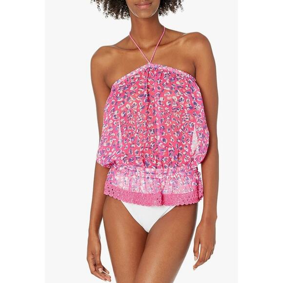Ramy Brook Printed Calla Pink Sheer Cover Up Tassel Top NEW Large